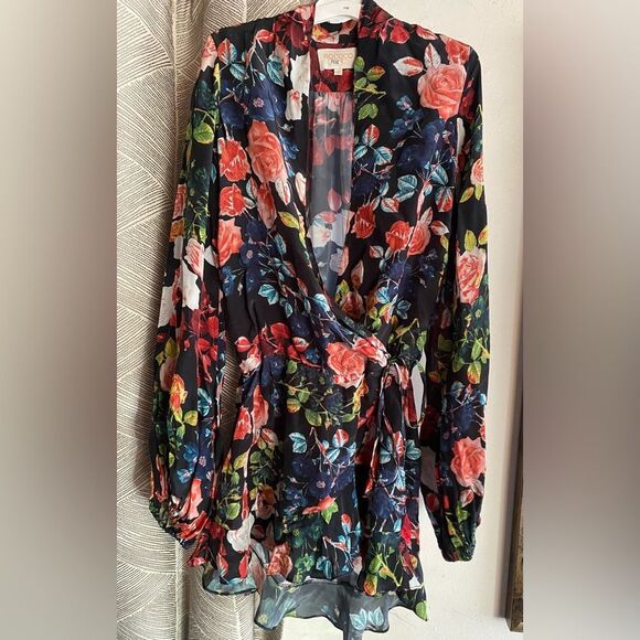 ROCOCO SAND Black Floral Wrap Mini DRESS Long Sleeve Cocktail Cottagecore Sz XS - Picture 5 of 15